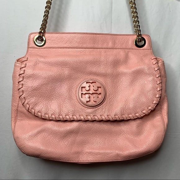 Rare Tory Burch Marion Light Pink Saddle Bag Big Crossbody Bag Gold Chain - Picture 2 of 9
